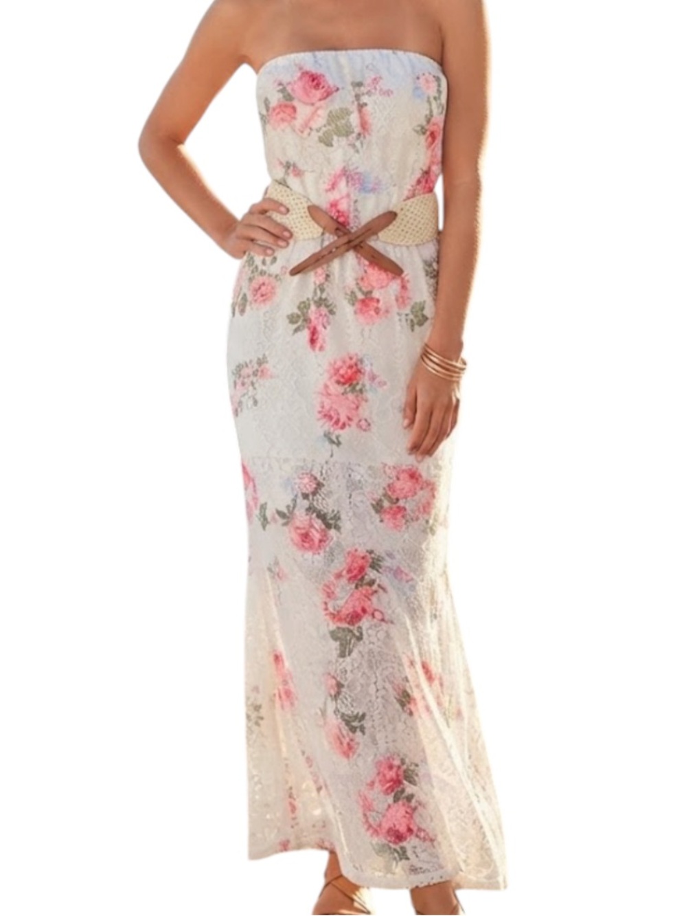 ARDENE Ivory Pink Floral Strapless Crochet Maxi Dress S Boho Festival